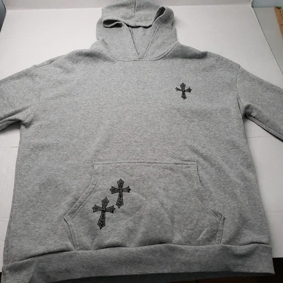 Womens Grey Hoodie XL Cross Print Graphic Hooded Sweatshirt Pullover Trap Goth - Picture 14 of 16